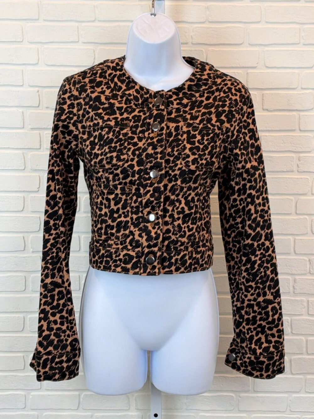 Maeve Leopard Print Cropped Snap-Front Jacket Tan Black